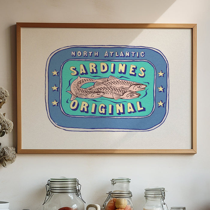 Sardine tin art print framed in kitchen.