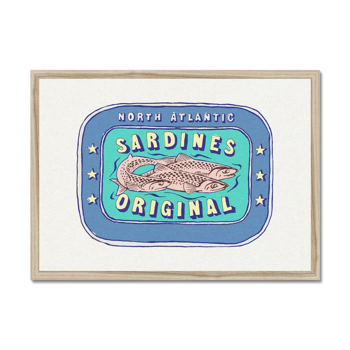 Framed artwork of a label depicting a sardine tin with the text 'North Atlantic Sardines Original' surrounded by blue and aqua colours.