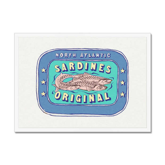Framed artwork of a label depicting a sardine tin with the text 'North Atlantic Sardines Original' surrounded by blue and aqua colors.