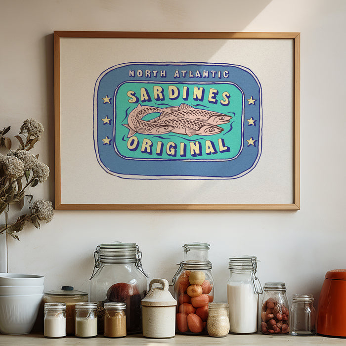 Framed sardine tin art print - artwork of a label depicting a sardine tin with the text 'North Atlantic Sardines Original' surrounded by blue and aqua colors.