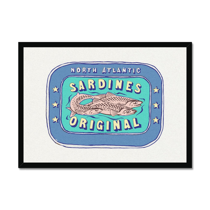 Framed artwork of a label depicting a sardine tin with the text 'North Atlantic Sardines Original' surrounded by blue and aqua colors.