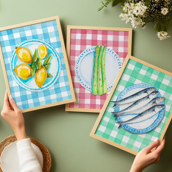 A set of three kitchen art prints. Food on plates art.