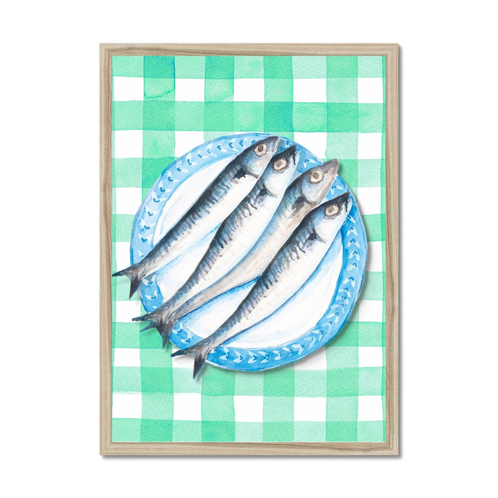 Sardine Painting on Green Gingham | Kitchen Wall Art - Unframed