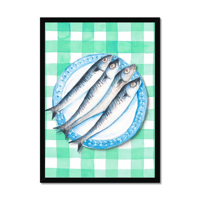 Sardine Painting on Green Gingham | Kitchen Wall Art - Unframed