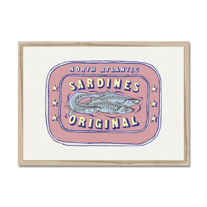 Framed artwork of a label depicting a illustration of sardines and text, set against a white background.