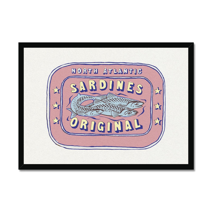 A framed art print of a sardine tin.