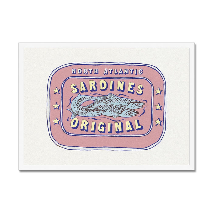 A framed art print of a sardine tin with white frame.