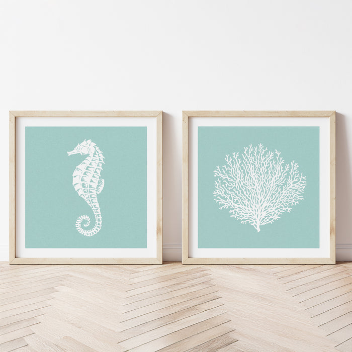Seahorse Print | Graphic Seahorse Art Print | Aqua Blue - Unframed