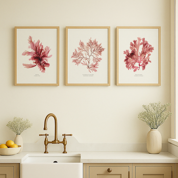 Three framed pink seaweed prints above a kitchen sink with brass faucet.