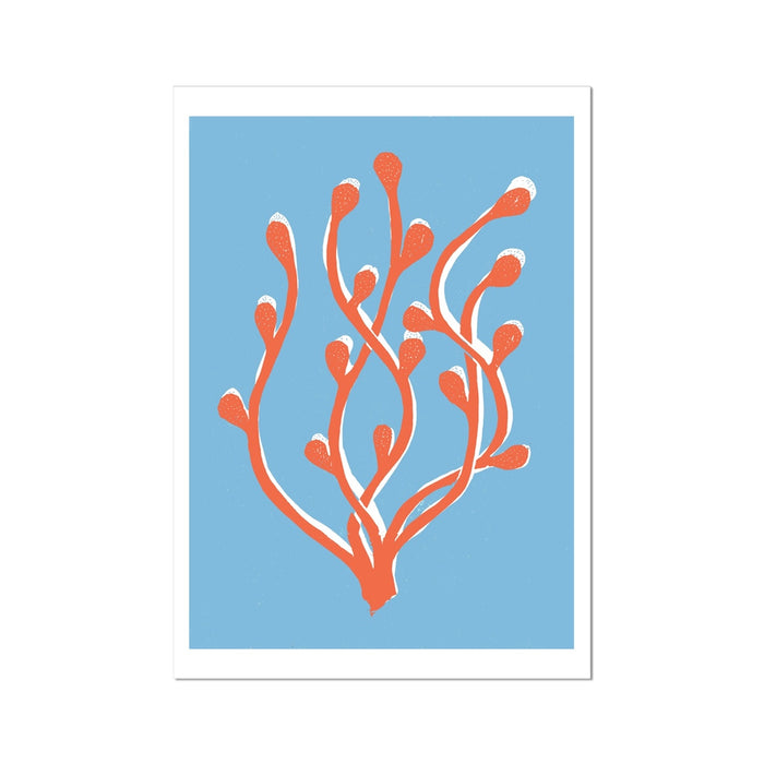 A framed art print featuring an abstract representation of seaweed with orange branches against a blue background.