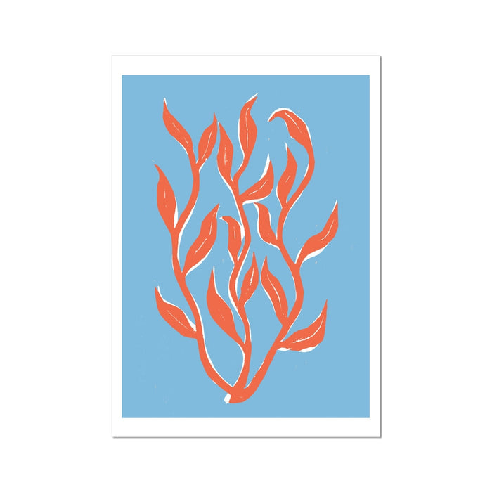 A colorful abstract art print of seaweed on a blue background, executed in a linocut style with bold outlines and vibrant colors.