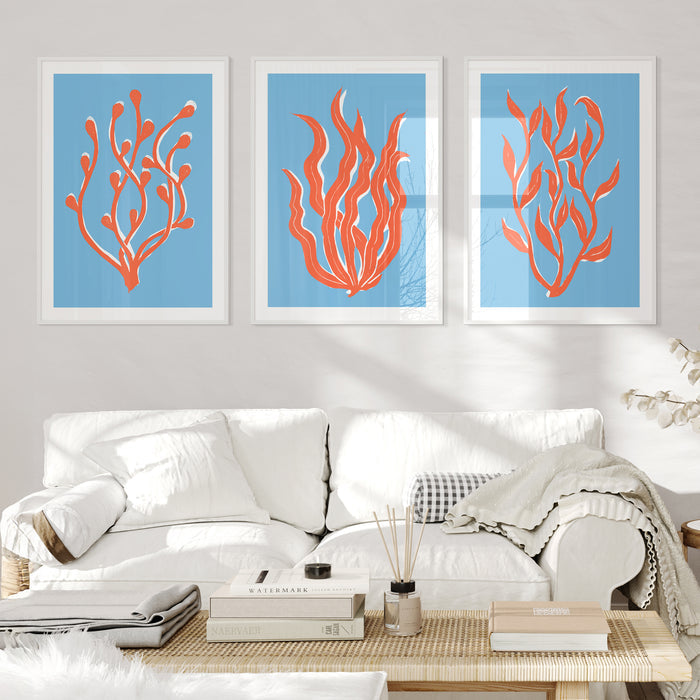 set of 3 colourful seaweed artworks of red  on a blue background above a white sofa.