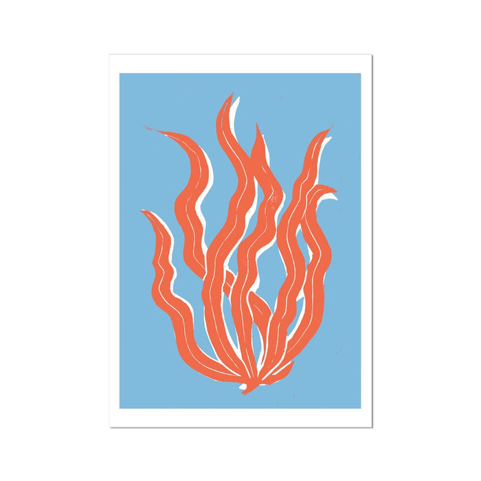 A lino cut style art print featuring abstract orange seaweed against a blue background, unframed.