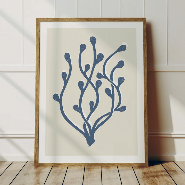 A framed seaweed art print - indigo blue lino cut seaweed print