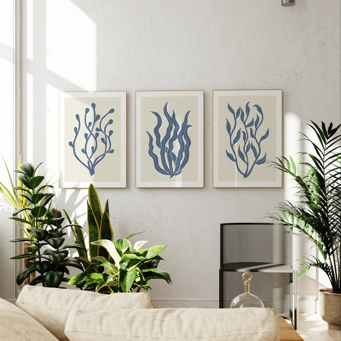 set of three lino cut seaweed prints in living room.