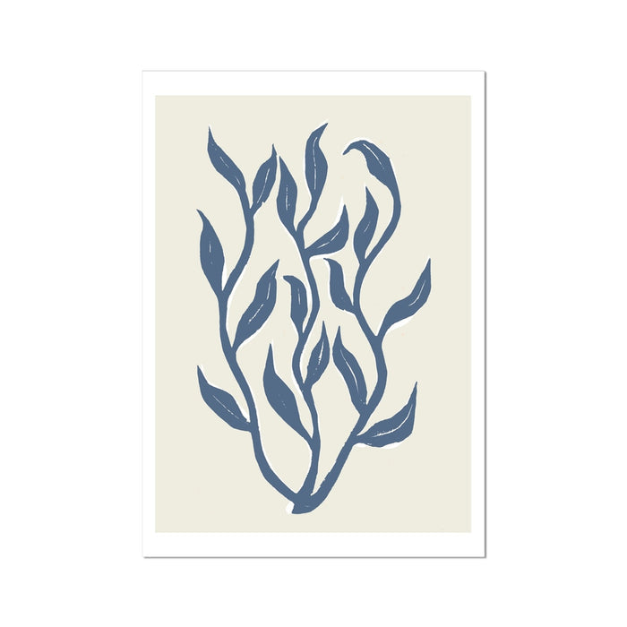 A framed art print of abstract indigo blue seaweed against a beige background.
