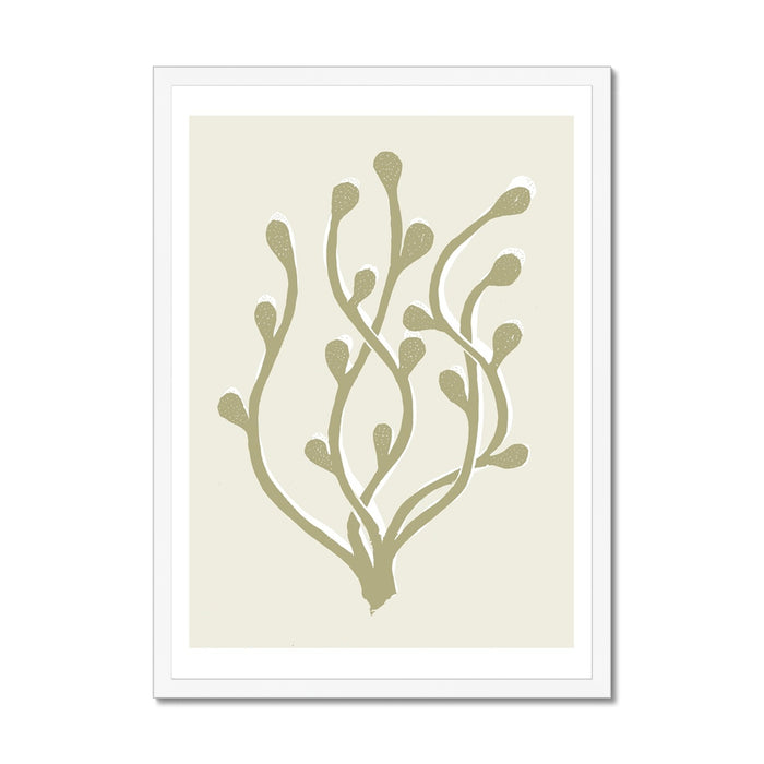 Framed art print of abstract seaweed in neutral tones, displayed in a vertical wooden frame.
