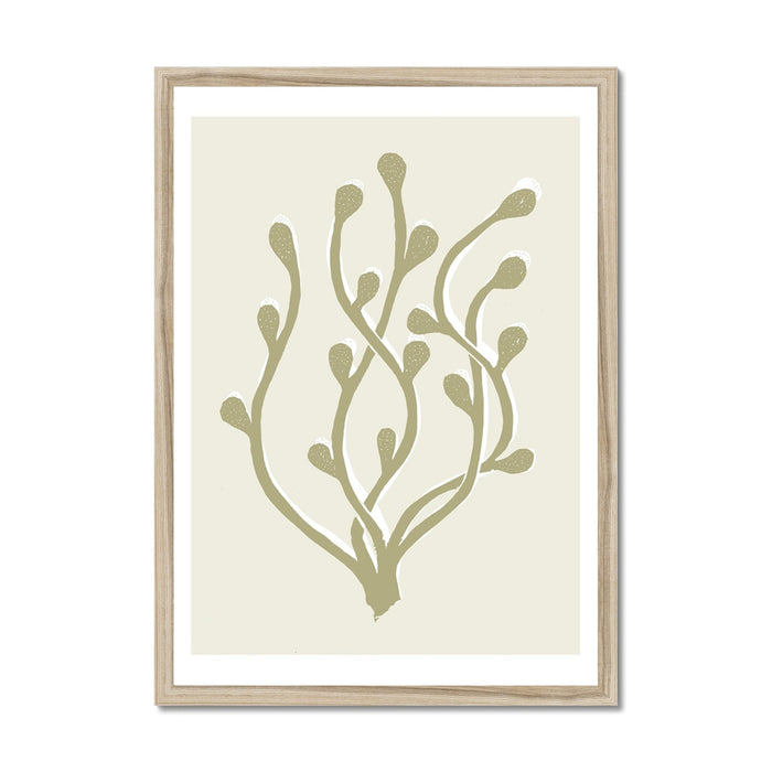 Framed art print of abstract seaweed with a minimalistic design in neutral colors, presented in a light wooden frame.