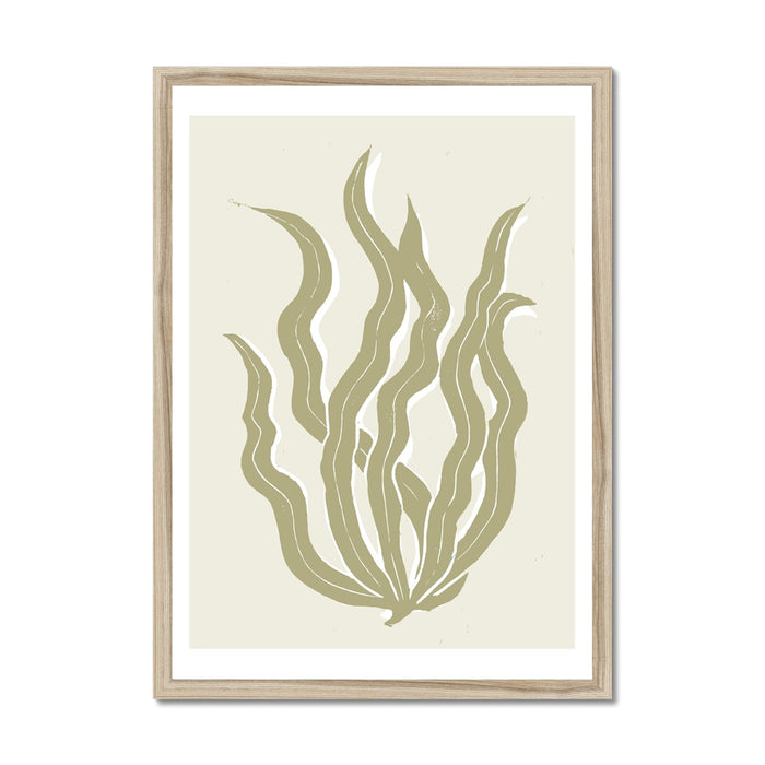 Framed art print of abstract seaweed in neutral tones, displayed in a vertical wooden frame.