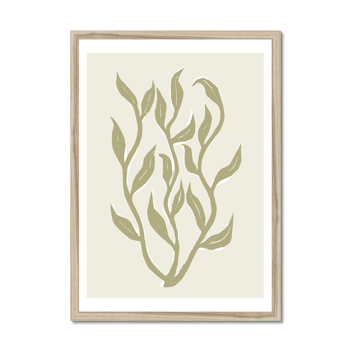 Framed art print of abstract neutral seaweed in a coastal graphic style, with a beige background and green seaweed motif.