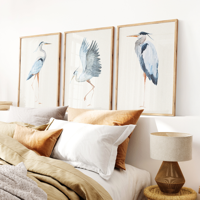 Set of three heron bird art prints - Bedroom with framed artwork of birds on the wall