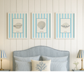 Three framed coastal-themed shell prints above a bed with striped headboard and lamps.