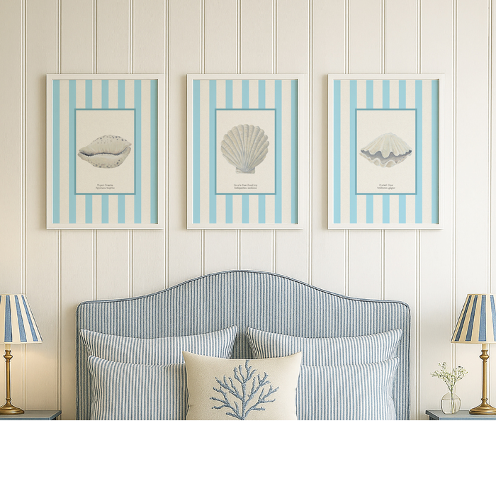Three framed coastal-themed shell prints above a bed with striped headboard and lamps.