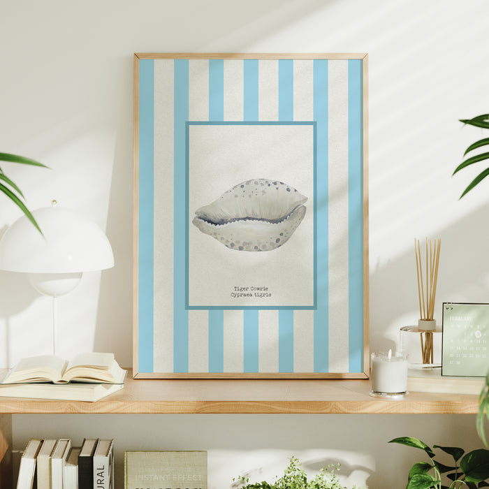 Framed shell print on shelf with striped blue background.