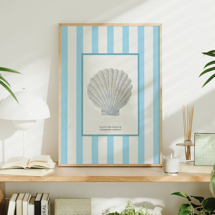 Framed scallop shell print on shelf with striped blue background.
