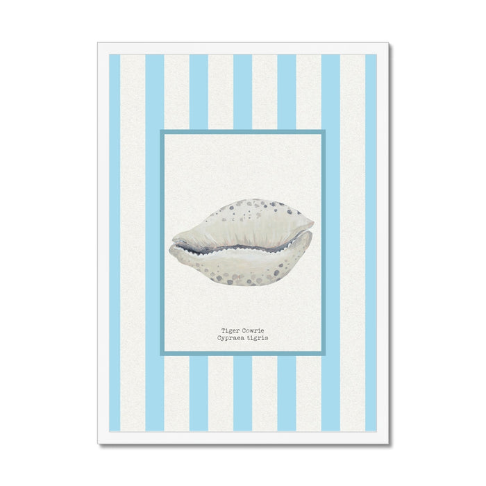 Art print with a blue and white striped border on a shell to the centre.