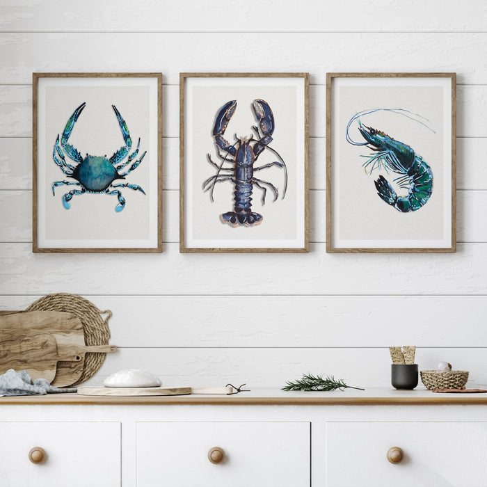 Set of Shellfish Art Prints - Set of kitchen art prints framed above the kitchen work surface.