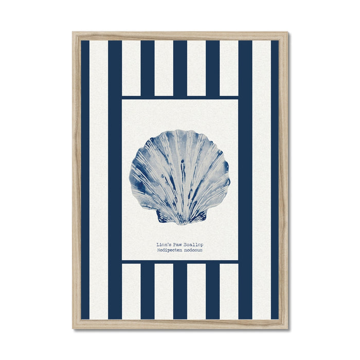 Framed artwork with a blue shell illustration on a striped background