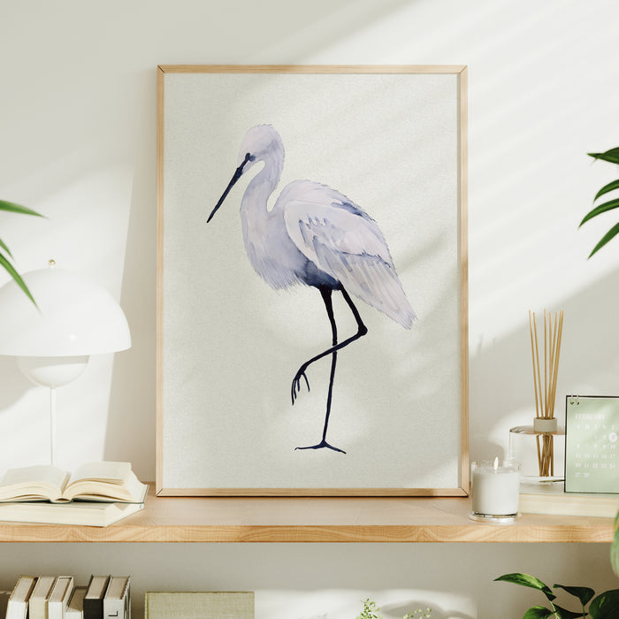 Framed artwork of a bird on a shelf with decor items