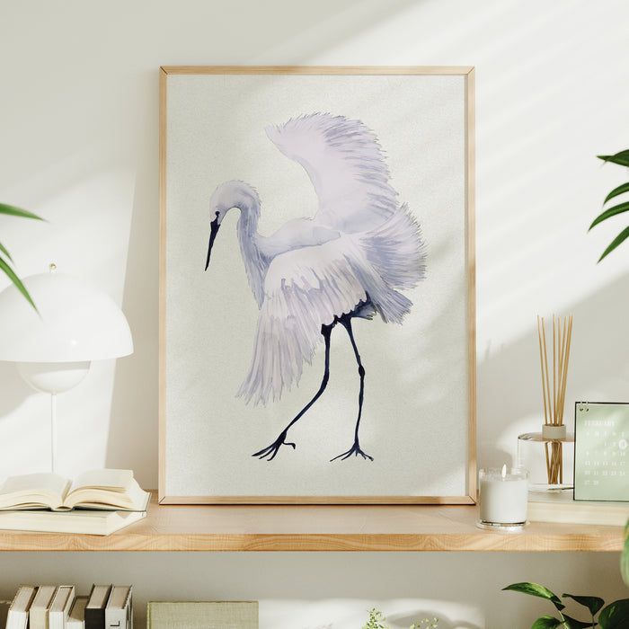 Framed artwork of a bird on a shelf with decor items