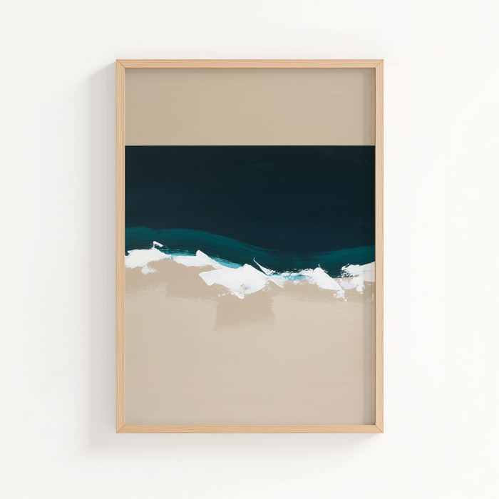Framed abstract coastal painting with navy sea, white surf and soft sandy shoreline in neutral tones