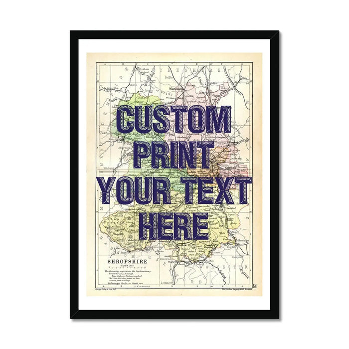 Shropshire Personalised Map Print | Map of Shropshire | Navy Vintage Font - Framed