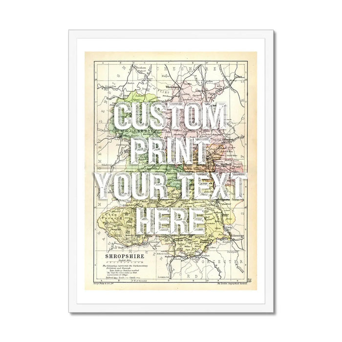 Shropshire Personalised Map Print | Map Print of Shropshire | White Vintage Font - Framed