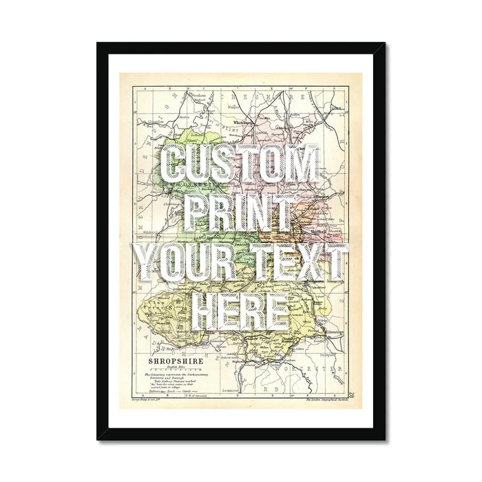 Shropshire Personalised Map Print | Map Print of Shropshire | White Vintage Font - Framed