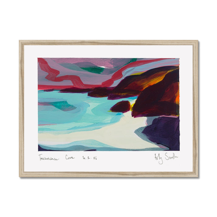 A framed abstract landscape painting on a white background. The artwork features bold brushstrokes of turquoise, pink, purple, orange, and dark brown, with the signature 'Ricky Smith' visible in the lower right corner of the print.