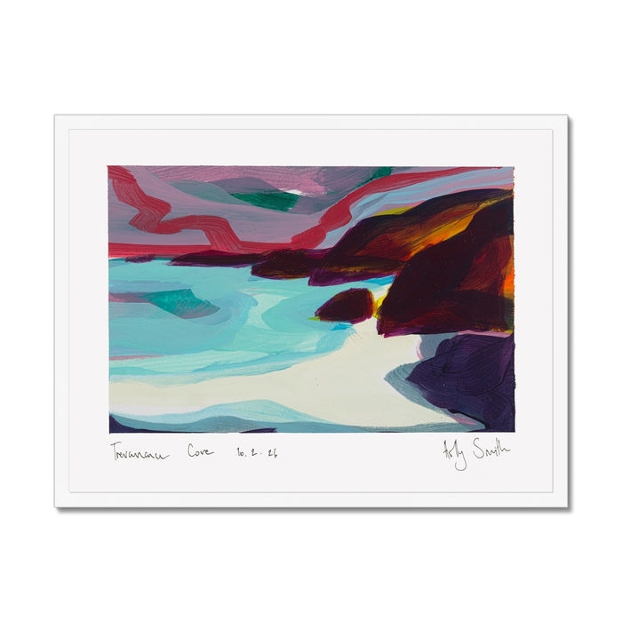 An abstract landscape art print featuring a coastal scene with turquoise water, dark red and brown rocks, and pink and purple sky, presented on a white background with handwritten text and signatures below.