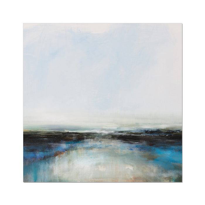 A dreamy sea painting print depicting dynamic ocean movements with bold strokes and contrasting hues of blue, black, and white.