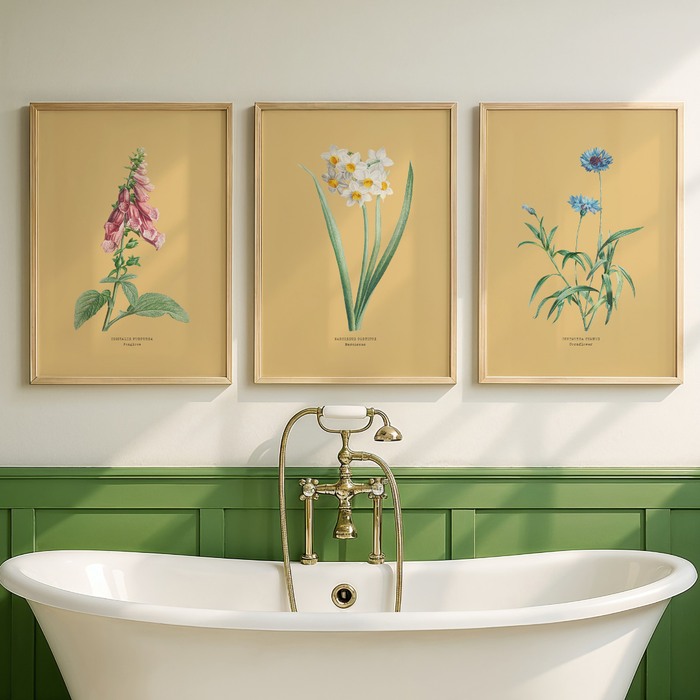 Set of three floral art prints with a yellow background in the bathroom. Botanical wall art.