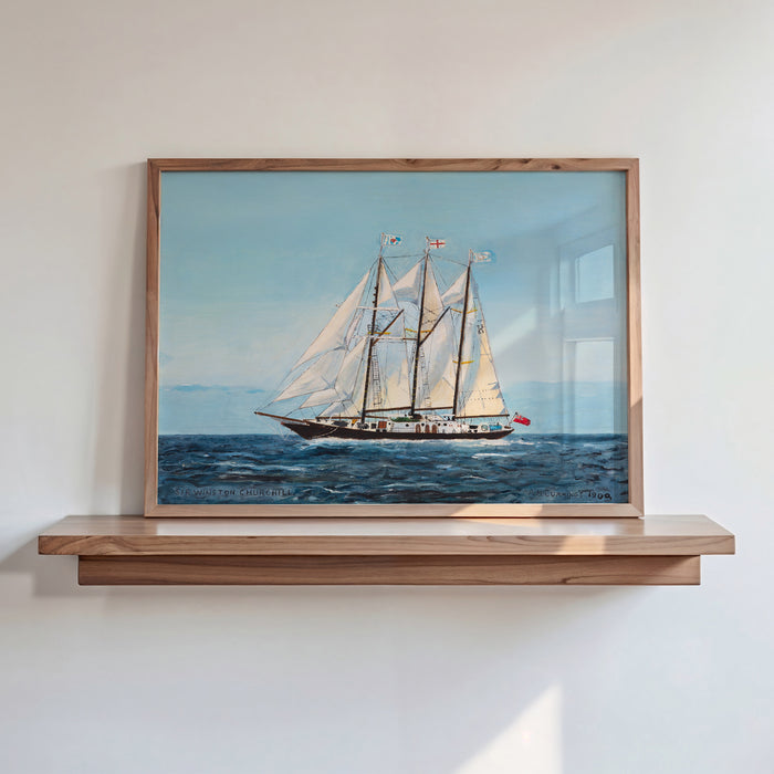 Framed painting of a sailboat on a wooden shelf against a white wall