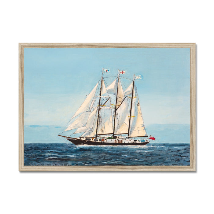 Framed painting of a sailboat on the water with a light blue sky.