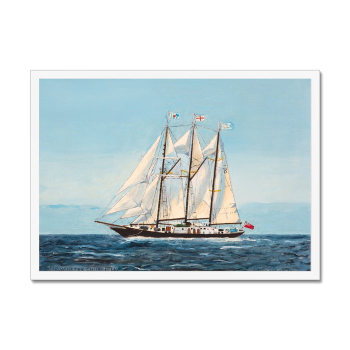 Sailing ship print on the ocean with a clear sky