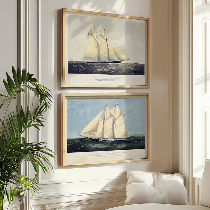 Two framed paintings of sailboats on a wall above a sofa with a plant to the left.
