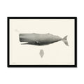 Vintage whale art print on paper background with a wooden black frame.