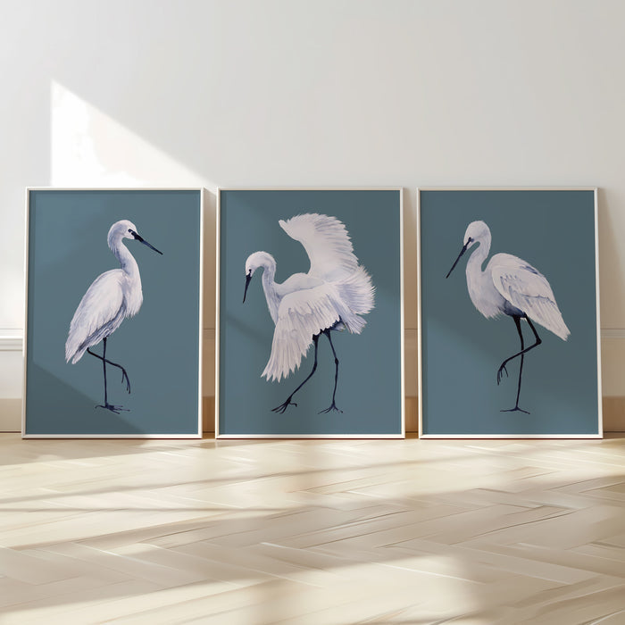 Set of three heron prints framed