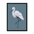 Framed artwork of a white bird on a blue background