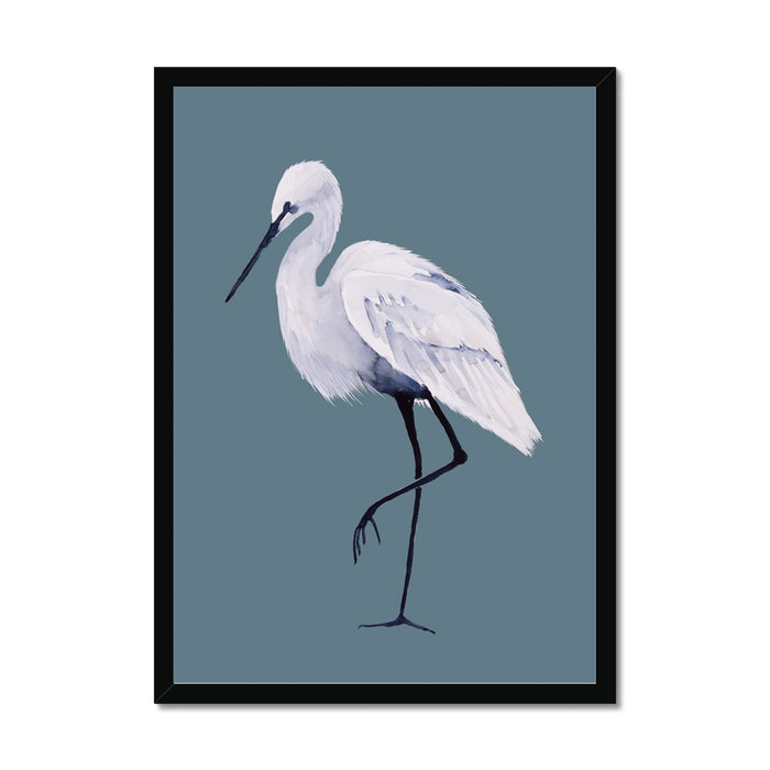 Framed artwork of a white bird on a blue background